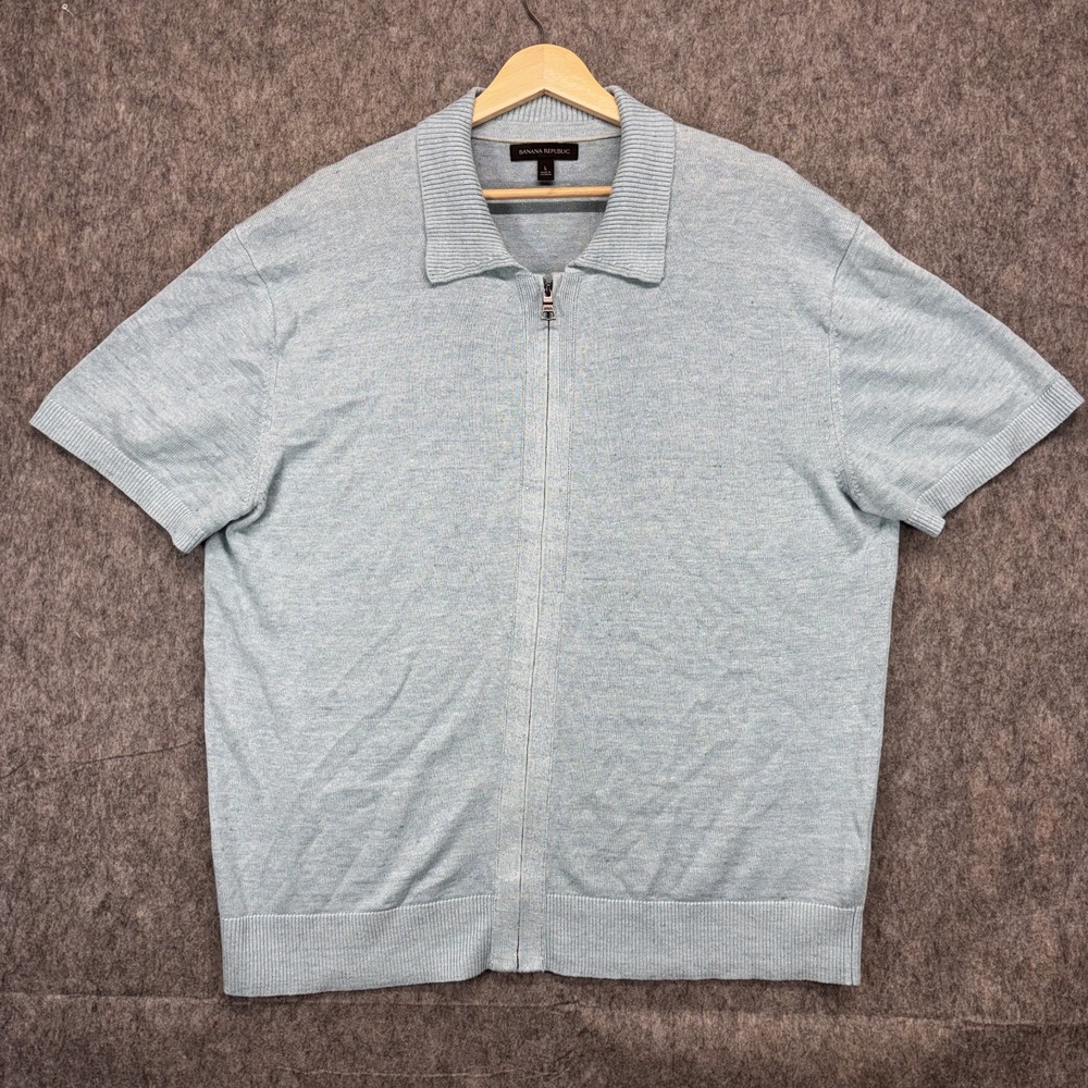 Banana Republic Full Zip Linen Blend Shirt Men's Short Sleeve Blue Collared - Picture 1 of 8